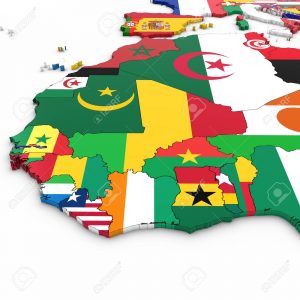 3D Map of West Africa with National Flags on White Background 3D Illustration